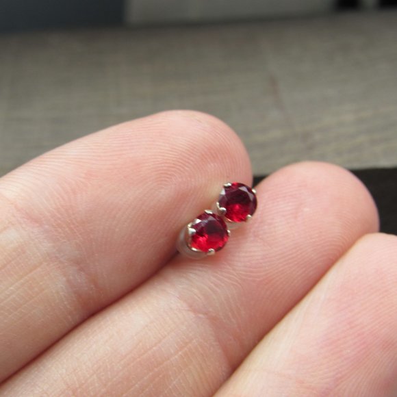 Sterling Silver Very Small Red CZ Stud Earrings - Picture 3 of 6